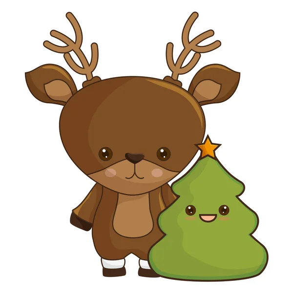 Ευτυχισμένος χαρούμενα Χριστούγεννα ταράνδων kawaii χαρακτήρα — Διανυσματικό Αρχείο