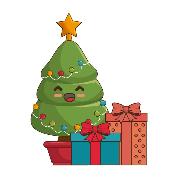 Feliz árbol de Navidad estilo kawaii — Vector de stock