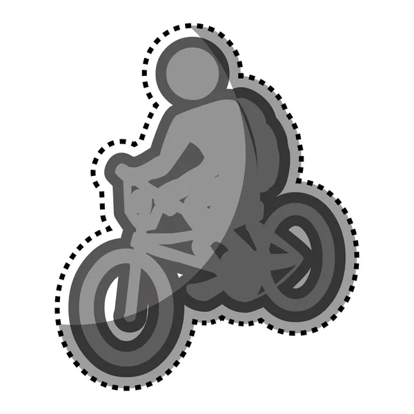 Pegatina escala de grises con pictograma de hombre en bicicleta — Vector de stock