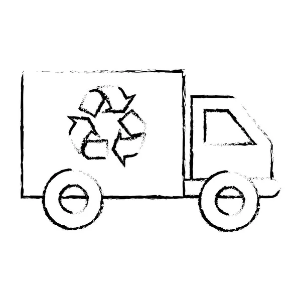 Silhouette croquis brouillé camion de transport avec fourgon et symbole de recyclage — Image vectorielle