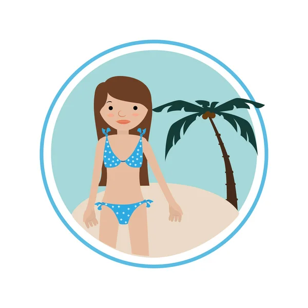 Forma circular fondo playa con mujer en bikini — Vector de stock