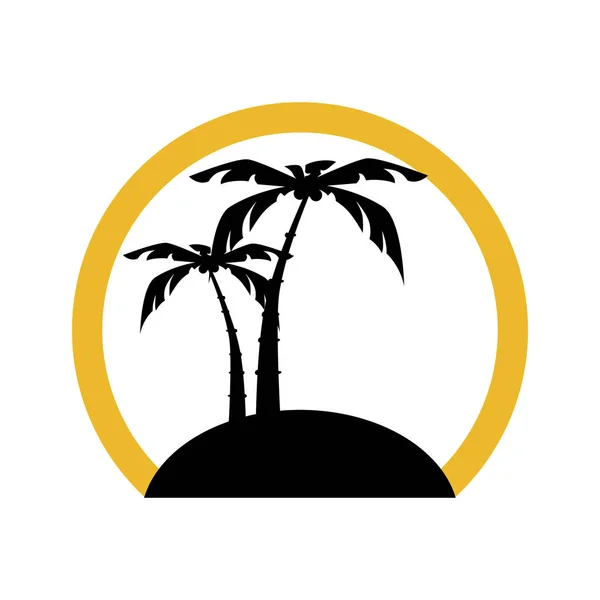 Silueta de forma circular playa con palmera e isla — Vector de stock