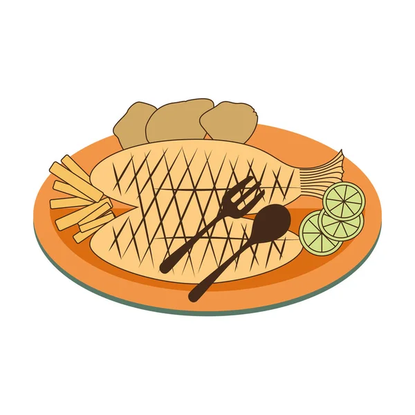Plato de color con pescado frito con limón y patatas — Vector de stock