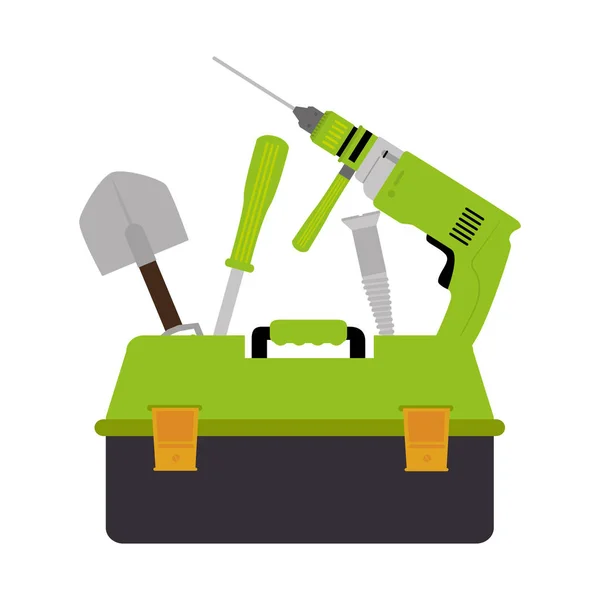 Farbsilhouette mit Werkzeugkasten-Set mit Bohrmaschine und Schraubendreher sowie Schaufel und Schraube — Stockvektor
