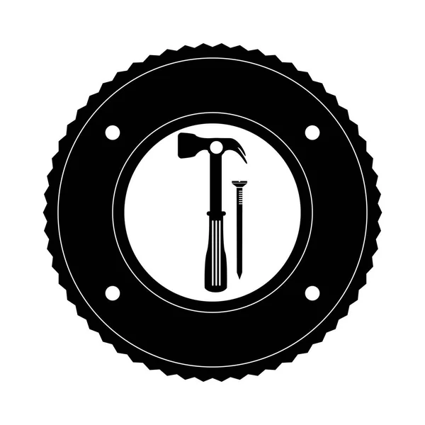 Monochrome round frame with hammer and nail — Stock Vector