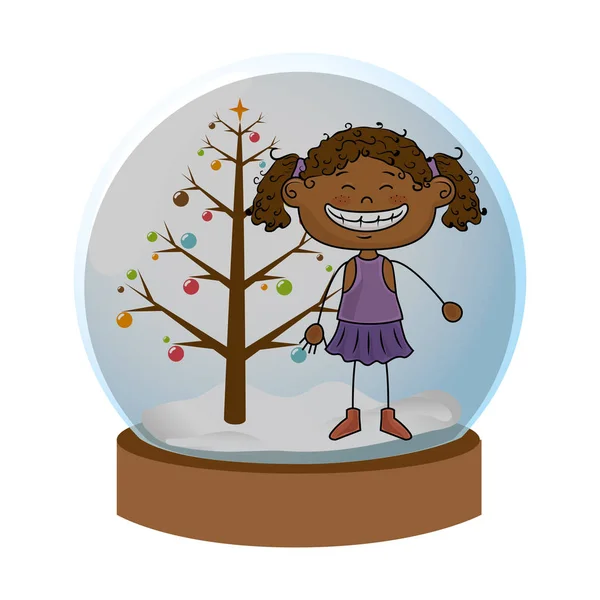 Crystal sphere with christmas tree and afro girl inside — Stock Vector
