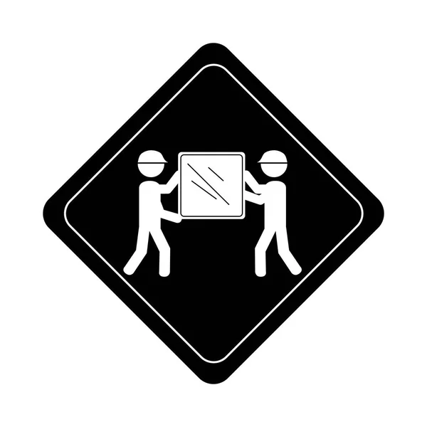 Monochromes Verkehrszeichen-Piktogramm mit Männern, die Paket tragen — Stockvektor