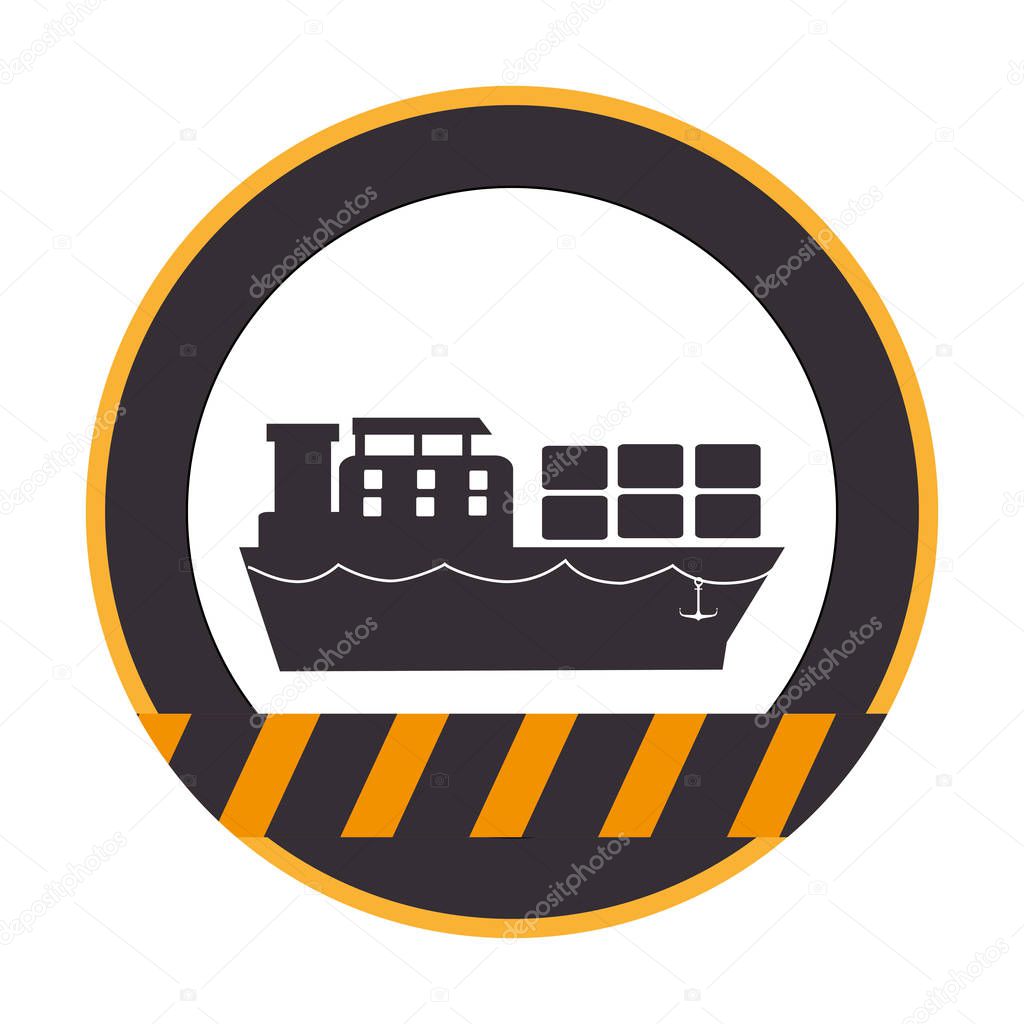 color silhouette circle with warning lines with ship with containers