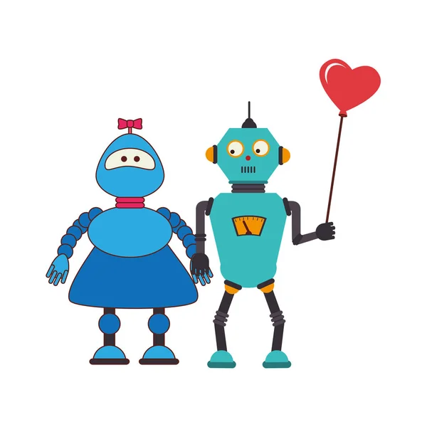 Silhouette colorée avec couple de robots avec ballon en forme de coeur — Image vectorielle