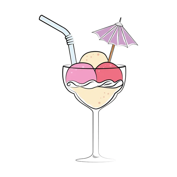 Sylwetka koloru z koktajl napój z kulkami lodów i słomy i ozdobny parasol — Wektor stockowy