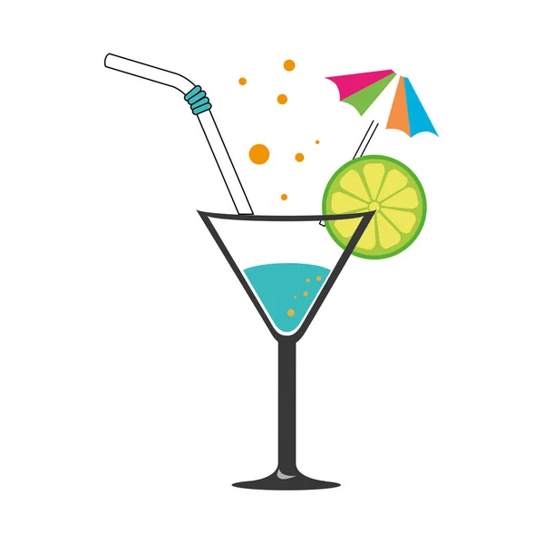 Kleurrijke silhouet met cocktail drinken met schijfje citroen en stro en decoratieve paraplu — Stockvector