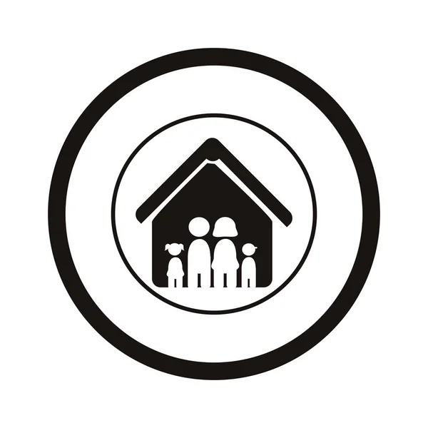 Monochrome pictogram with family in house inside the circle — Stock Vector