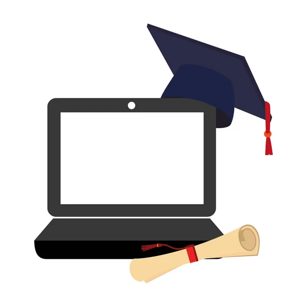 Tech laptop with certificate of graduation and graduation cap — Stock Vector