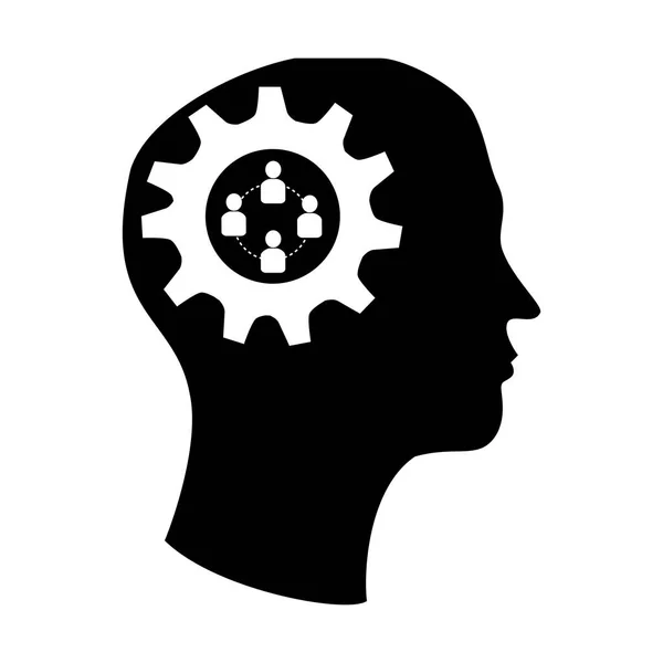 Silhouette brain in head with gear and team work icon — Stock Vector