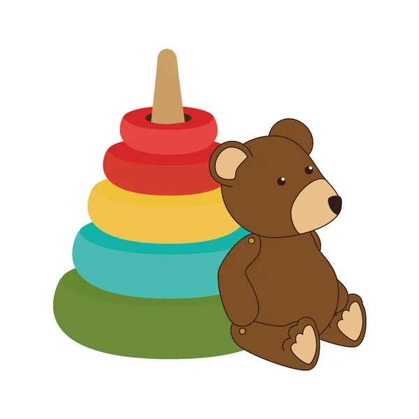 Colorido conjunto pirámide juguete con oso de peluche — Vector de stock