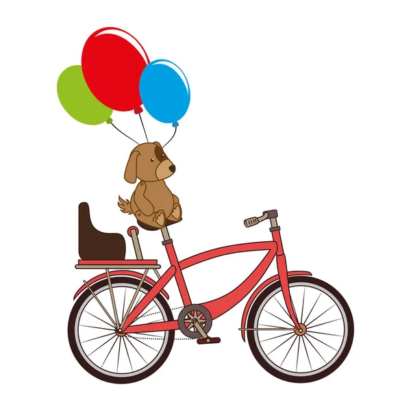 Kleurrijke set met hond in fiets en ballonnen partij — Stockvector