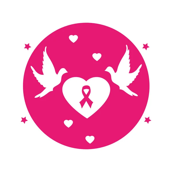 Dairesel düğmesi kalp şekli amblemi sembolü meme kanseri ve güvercinler ile pembe — Stok Vektör