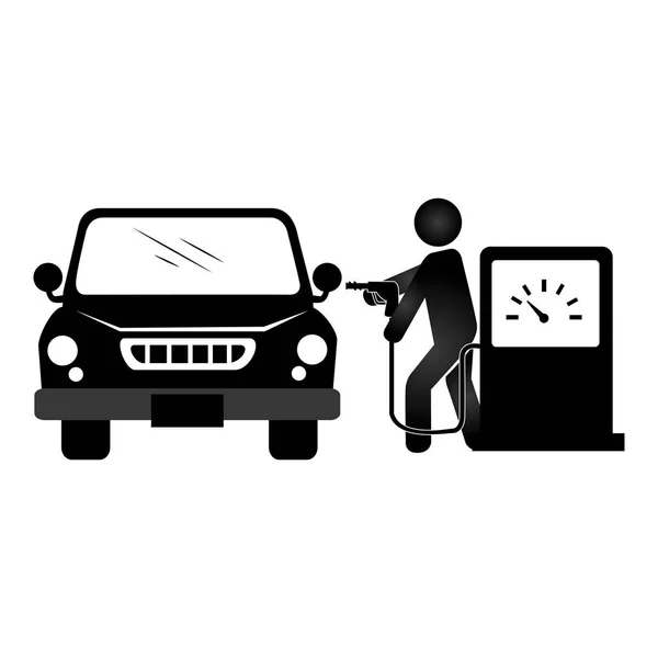 Silhouette Piktogramm Männchen mit Tankstelle und Auto — Stockvektor