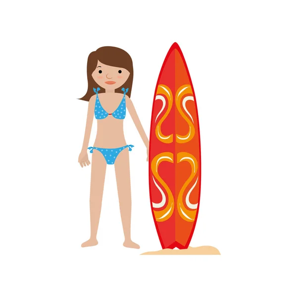 Frau im Bikini mit Surfbrett — Stockvektor