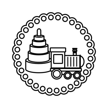 çocuklar oyuncaklarla tek renkli kontur yuvarlak şekil