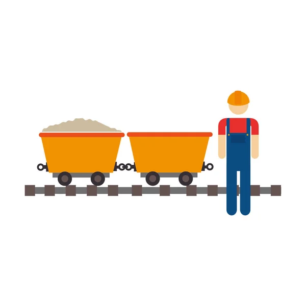 Kolor sylwetka pracownika i wagon górnictwa na kolei — Wektor stockowy