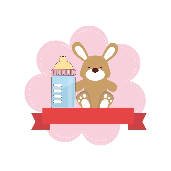 Color background with ribbon and bunny toy with baby bottle — Stock Vector