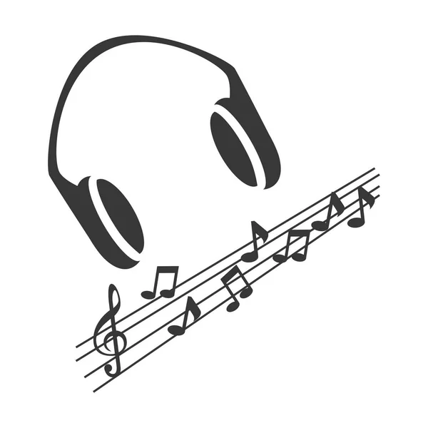 Silueta monocromática con auriculares y notas musicales — Vector de stock