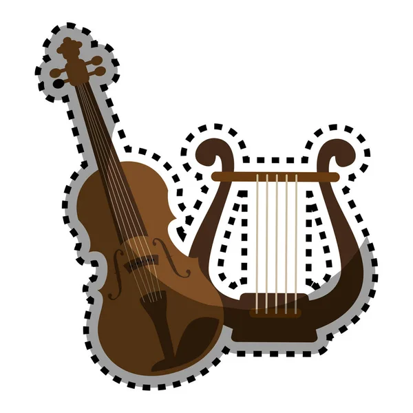 Silueta de color pegatina con violín y arpa — Vector de stock