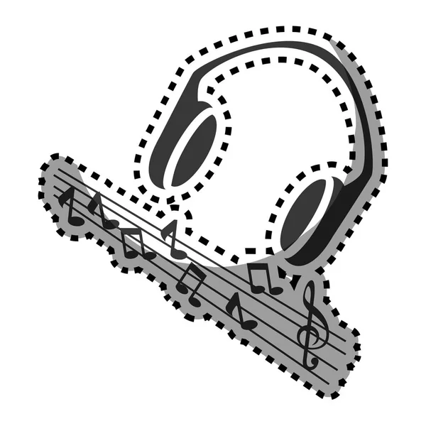 Klistermärke svartvit siluett med hörlurar och musiknoter — Stock vektor