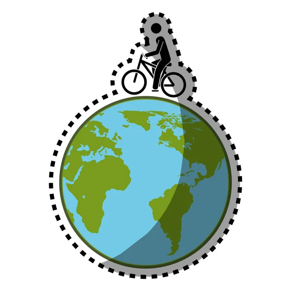 Etiqueta engomada silueta color con mapa mundo y hombre en eco bike — Archivo Imágenes Vectoriales