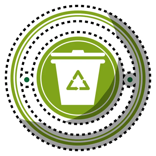 Adesivo cornice circolare verde con contenitore della spazzatura con logo riciclo — Vettoriale Stock