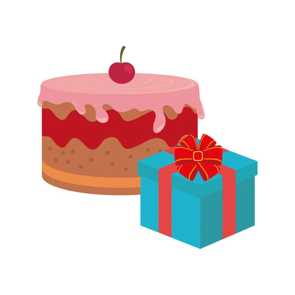 Kleur achtergrond met taart en gift box — Stockvector