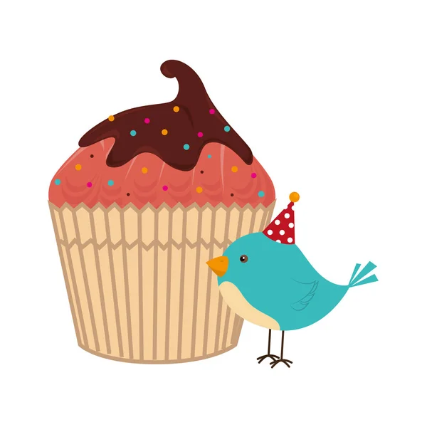 Farbsilhouette mit Cupcake und Vogel — Stockvektor