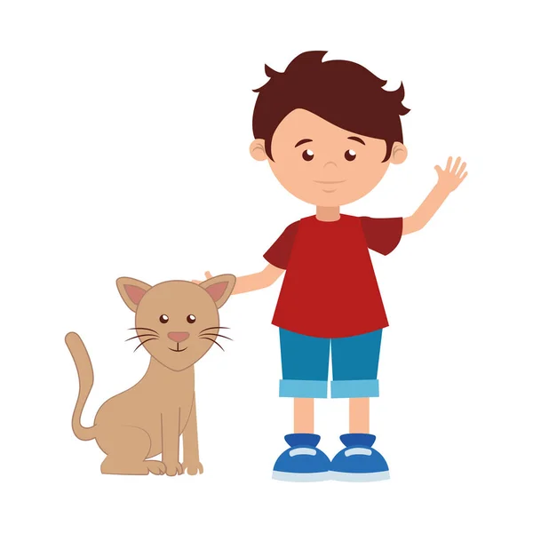 Silueta colorida con niño y gato — Vector de stock