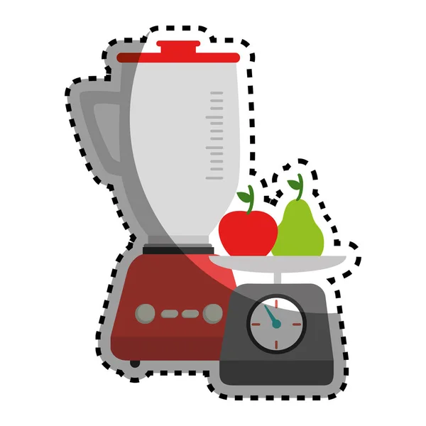 Autocollant mélangeur coloré avec balance de poids de cuisine et fruits — Image vectorielle