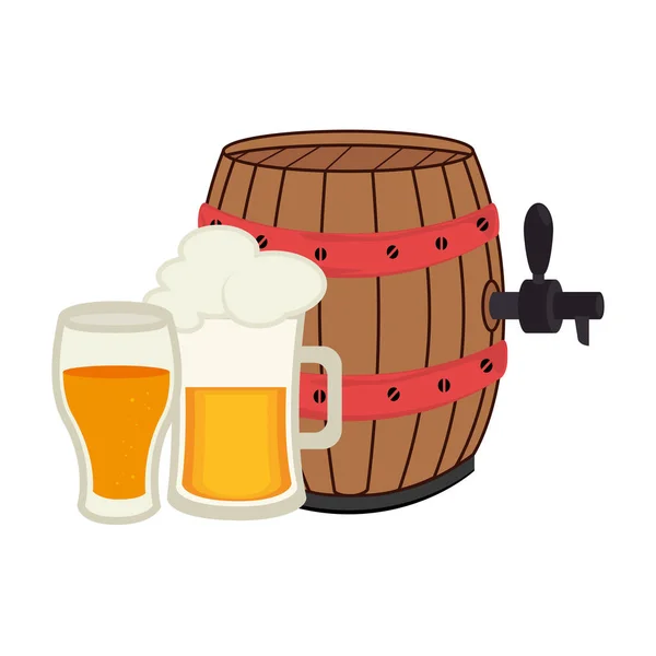 Colección de conjunto colorido espumoso vaso de cerveza con barril y taza de vidrio — Vector de stock