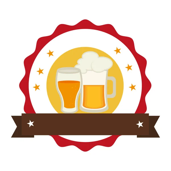 Ronde stempel met kruik en glazen beker van schuimend bier — Stockvector