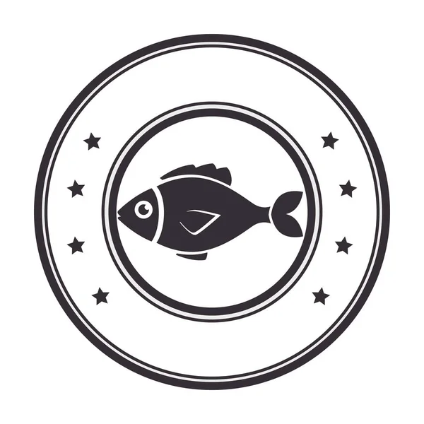 Sello circular silueta con peces de diseño marino animal — Vector de stock