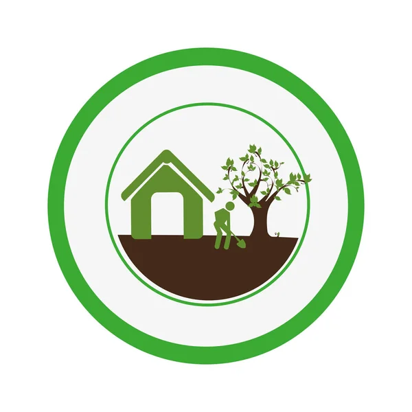 Borde circular con casa y hombre con pala y árbol — Vector de stock