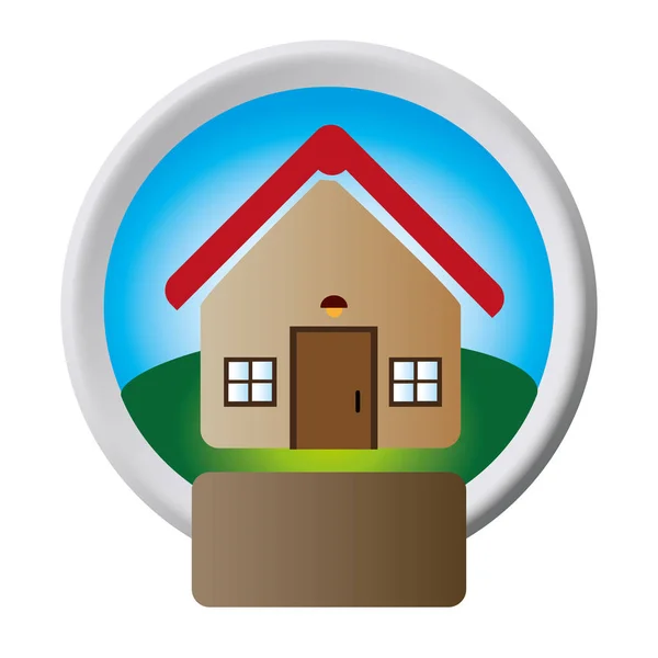 Botão circular com casa realista um andar dentro e jardim com placa —  Vetores de Stock