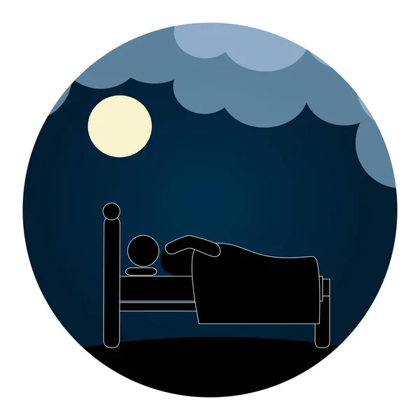 Rundes Piktogramm mit Mann im Bett bei Nacht und Mond — Stockvektor