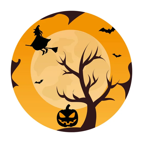 Körkörös táj és a fa, és a boszorkány halloween éjszaka — Stock Vector