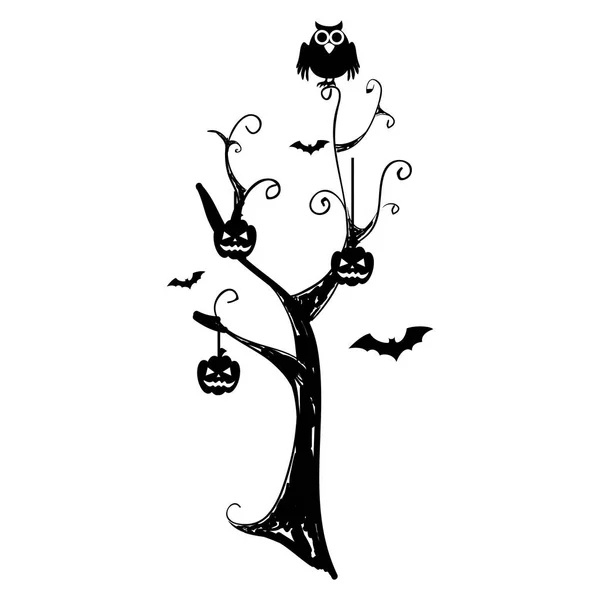Árbol de halloween de fondo monocromo con calabazas y murciélagos — Archivo Imágenes Vectoriales