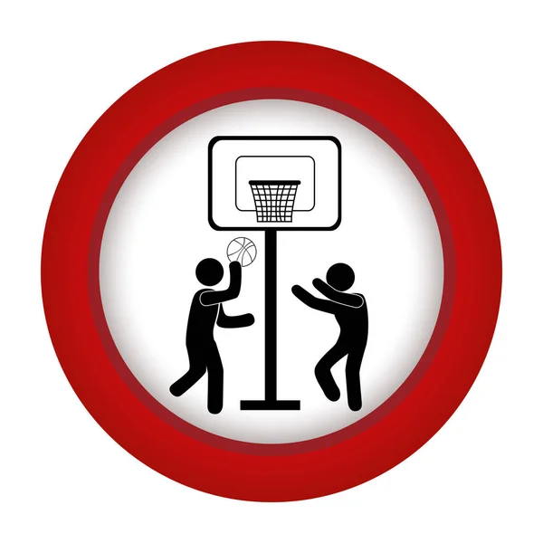 Círculo rojo con los hombres jugando baloncesto — Vector de stock
