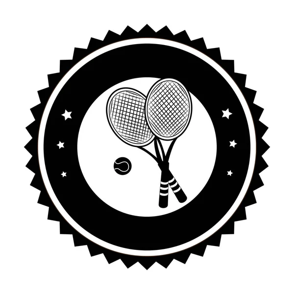 Monochromatyczne okrągłej ramki z piłką i rakiety tenisowe — Wektor stockowy