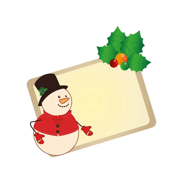 Farbe Weihnachtskarte mit Schneemann mit Stechpalme — Stockvektor
