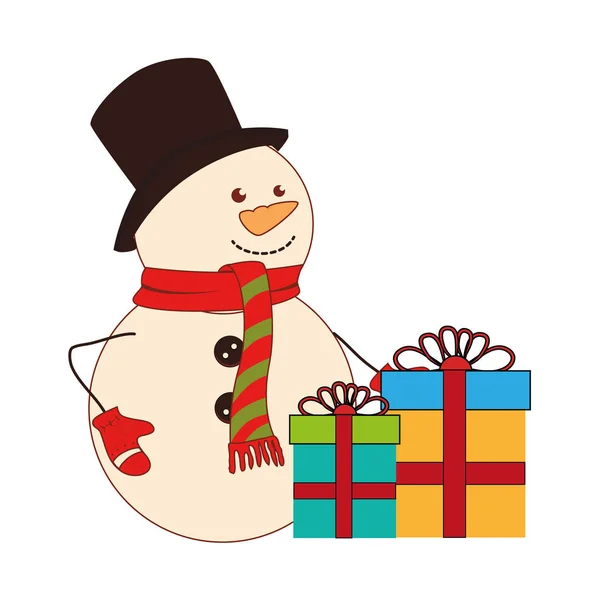 Silhueta de cor com boneco de neve e caixas de presente — Vetor de Stock