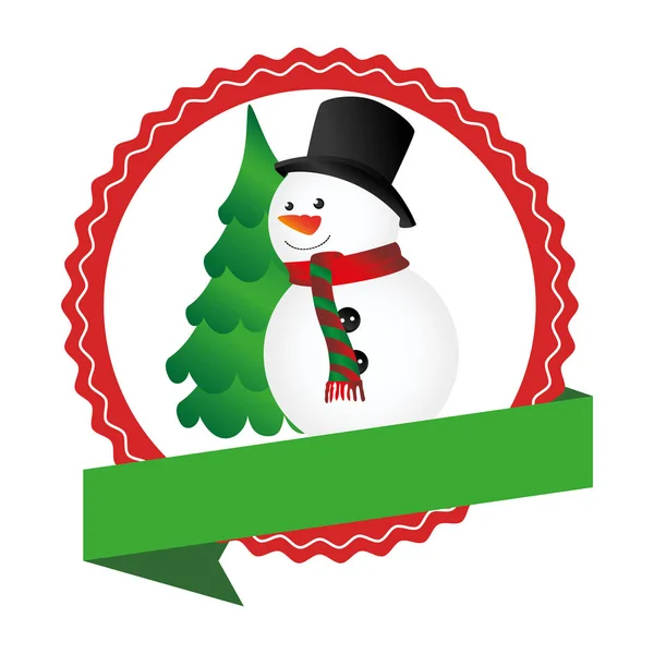 Emblema circular con cinta y muñeco de nieve y árbol de Navidad — Vector de stock