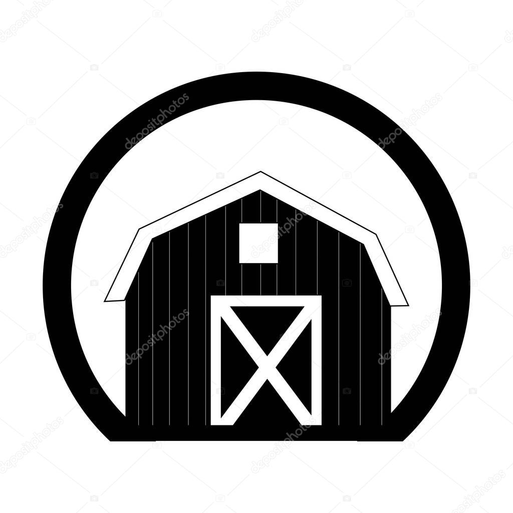 monochrome circular frame with barn of two floors
