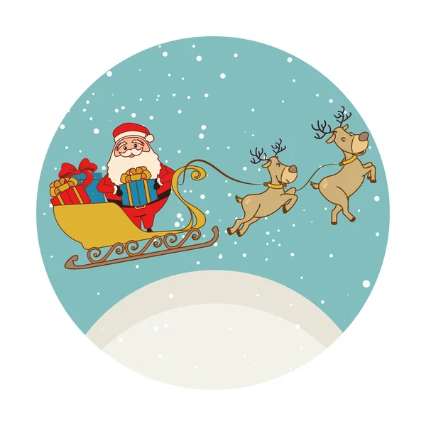 Farbe kreisförmig mit Weihnachtsmann im Schlitten mit Rentieren und Geschenken — Stockvektor
